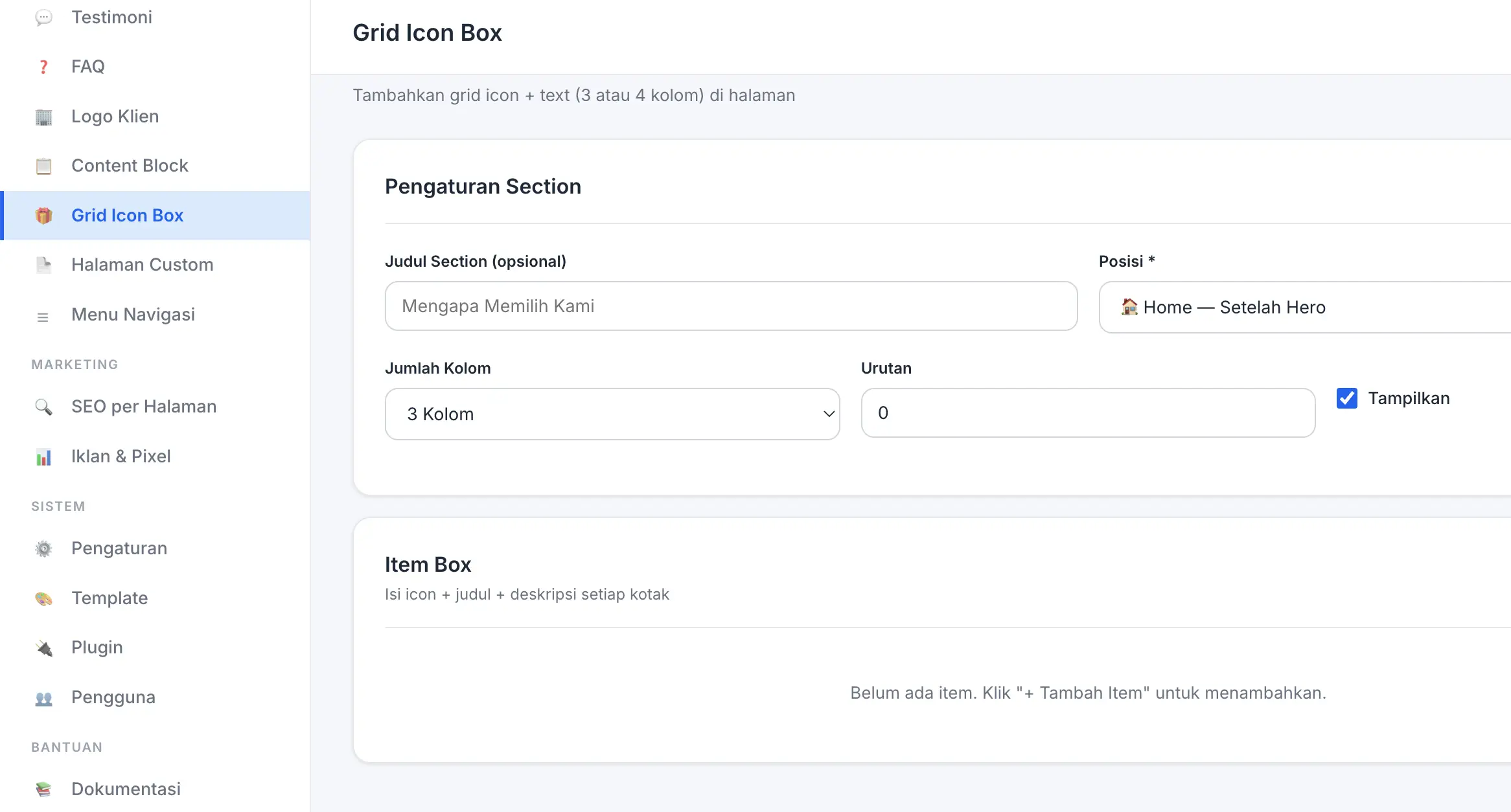 Fitur Grid Box di panel admin Digifren
