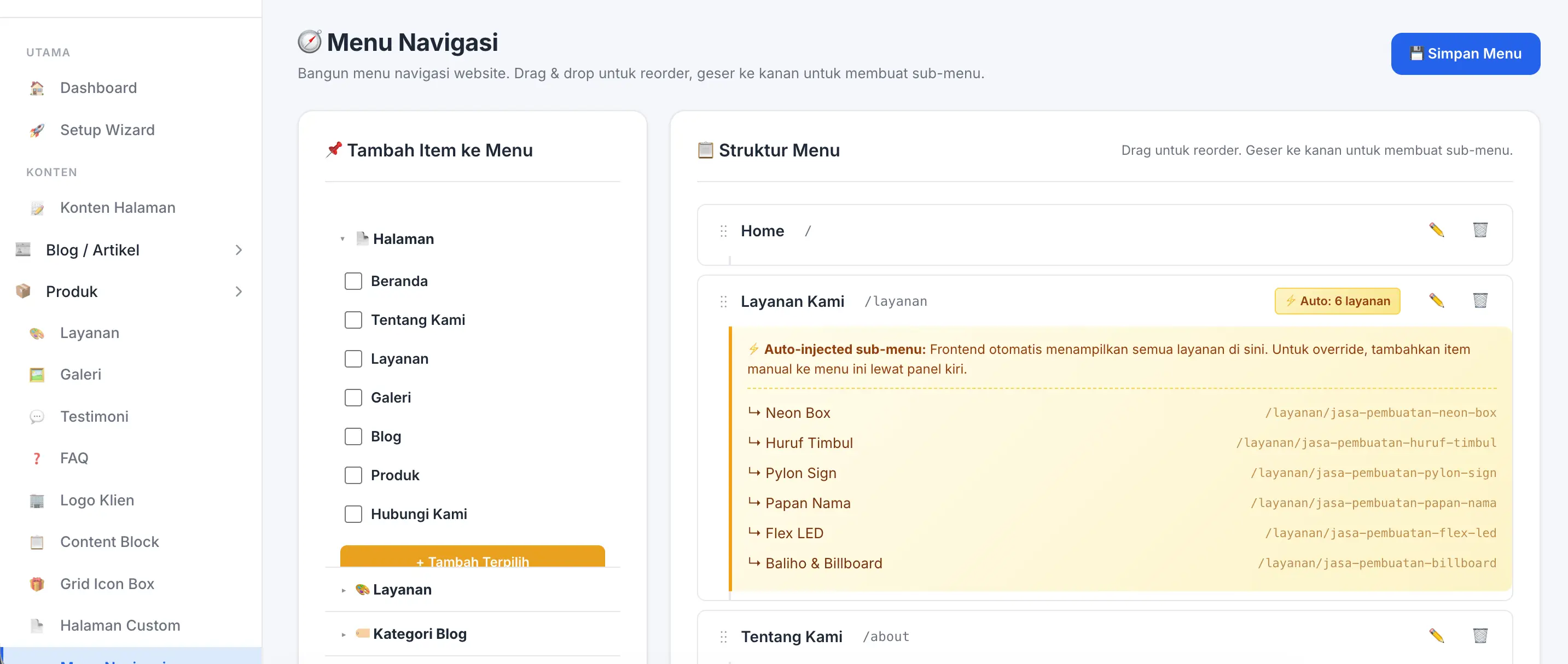 Fitur Menu Navigasi di panel admin Digifren