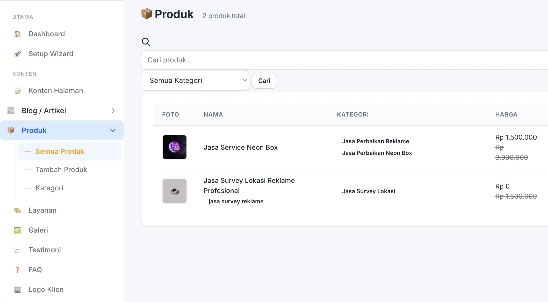 Fitur Produk di panel admin Digifren