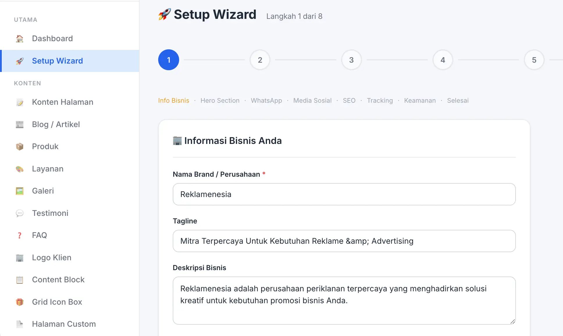 Fitur Setup Wizard di panel admin Digifren