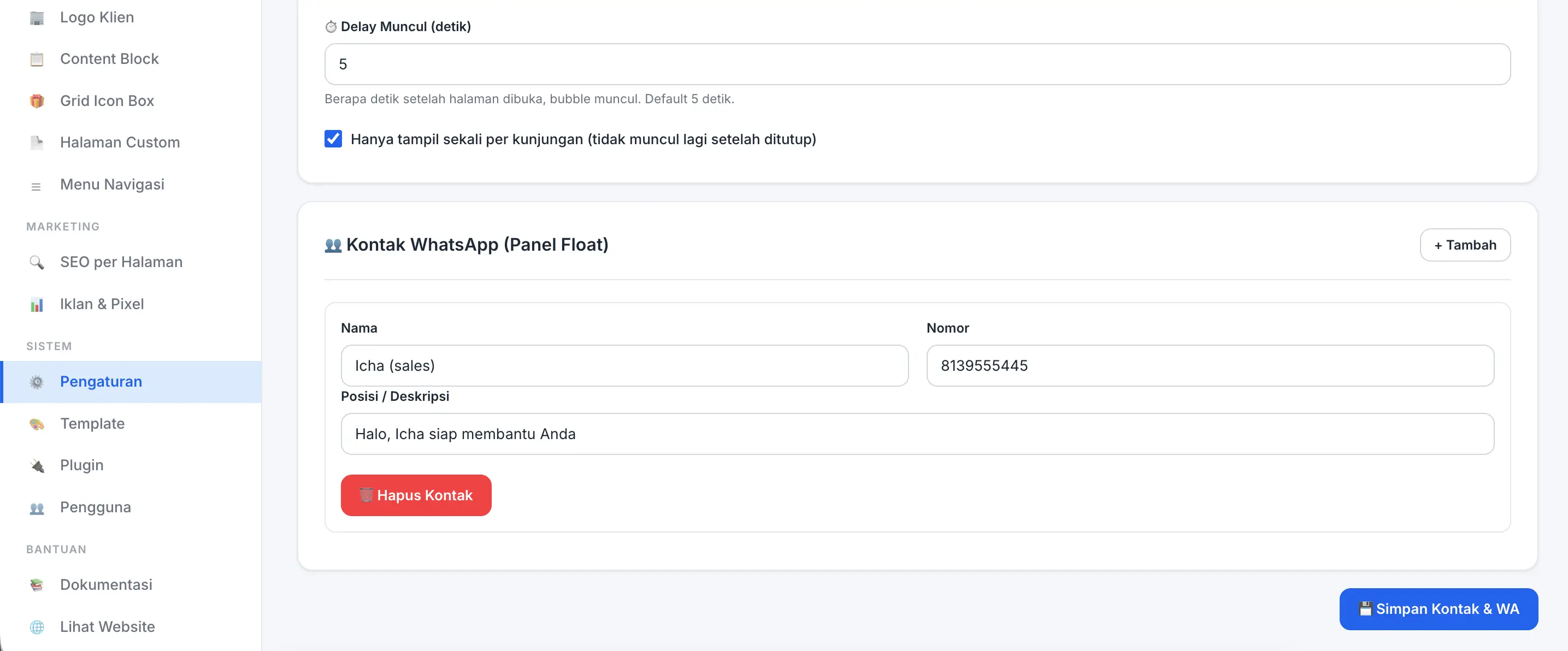 Fitur WhatsApp Floating Button di panel admin Digifren